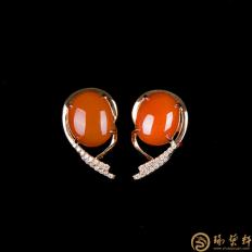 南红玛瑙18K白金镶嵌密斯耳环 金3.45克
